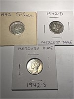 3 Mercury Silver Dimes: 1942PDS
