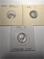 3 Mercury Silver Dimes: 1941PDS