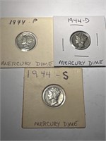 3 Mercury Silver Dimes: 1944PDS