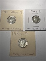 3 Mercury Silver Dimes: 1945P,D,Micro S