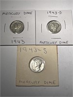 3 Mercury Silver Dimes: 1943PDS