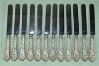 12 Stieff Rose pattern 9-1/2" dinner knives; as is