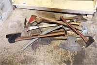 LOT OF TWO WAY AXES, BROAD AXES, HEADS & ADZE