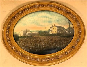 antique picture- farmstead  convex glass19x22