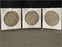 (3) MORGAN SILVER DOLLARS - 1921 P, D, & S