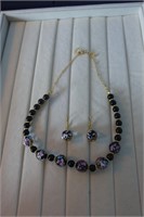 Black Floral glass bead necklace and earring set