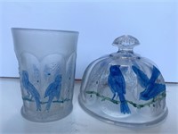 Vintage Blue Bird Glass Tumbler & Butter Dish Lid