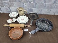 Vintage pans, fine china, wood rolling pin, etc