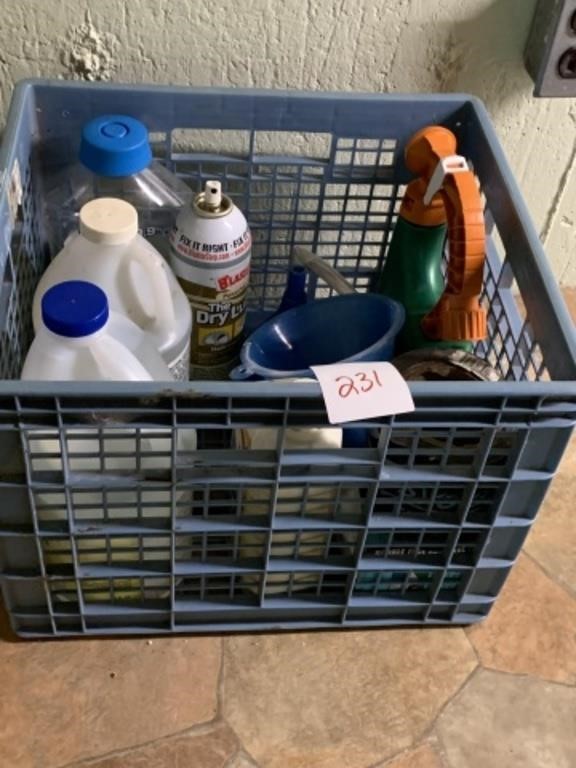 Crate of cleaning supplies