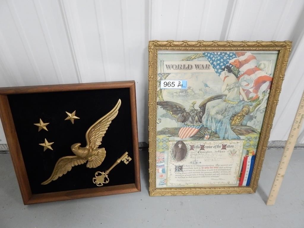 Framed World War memorabilia and a framed patrioti