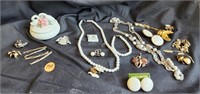 pretty trinket box, necklaces, pins, earrings