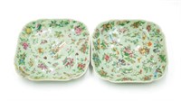 Lot: 2 Chinese Celadon Hand-Painted Square Plates.