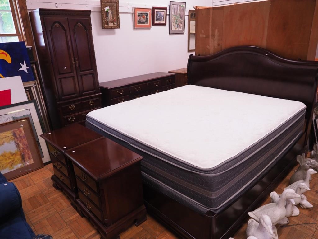 Five-piece bedroom set: dark mahogany stain by