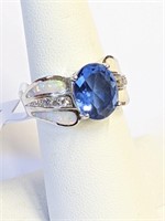 .925 Silver Tanzanite Ring W/ Opals Sz 7   CA