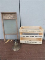 BRASS BELL, WOODEN CRATE & WASHBOARD