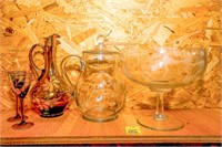 (2) Amber and Gold Glasses and Matching Pitcher,