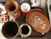 POTTERY DISHES & VASES, COPPER POT