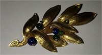 Antique Leaf Form Pin with Lapis & Emerald Beads