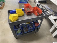 rolling cart with storage bins, contents included