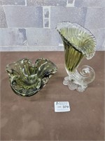 2 Green blown glass pieces