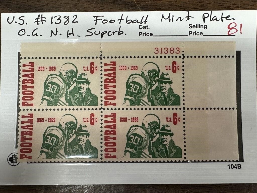 1382 STAMP BLOCK FOOTBALL OG NH W PL#