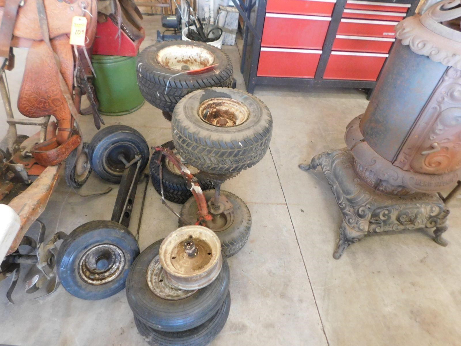 Lot 125  Misc Small Lawn Tractor Tires and Axle