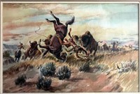 Albert Micale Watercolor, Indians Hunting Bisons