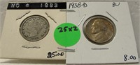 1883 V NICKEL - NO CENTS, 1938-D BU NICKEL - 2 X