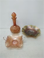 carnival glass - 2 bowls and decanter