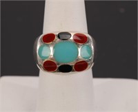 CORAL TURQUOISE STERLING SILVER RING SZ8