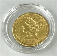 1886-S Gold Liberty Head $5 Coin.