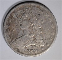 1839 REEDED EDGE BUST HALF DOLLAR, VG