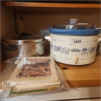 Crockpot and LG. Pan, includes some cookbooks