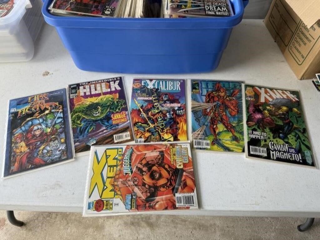 Blue bin filled with Marvel comic books in