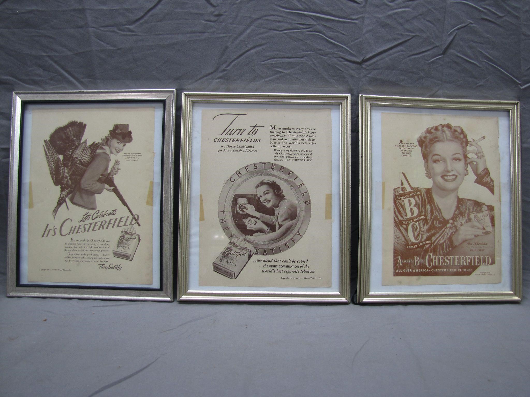 3 Vintage Chesterfield Cigarette Framed Ads 40s