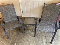2 OUTDOOR CHAIRS AND SMALL END TABLE