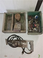 Wooden box, weights, saw, misc.