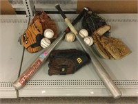 Sports balls, gloves and bats.