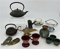 Vintage Oriental Decor. Iron Kettles & China Dish