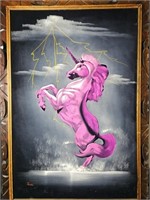 Pink Unicorn on Black Velvet w/ wooden frame