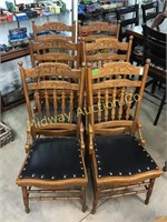 6 OAK CHAIRS WITH BLACK LEATHER SEATS