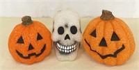 Light Up Skull & 2 Pumpkin Halloween Decorations