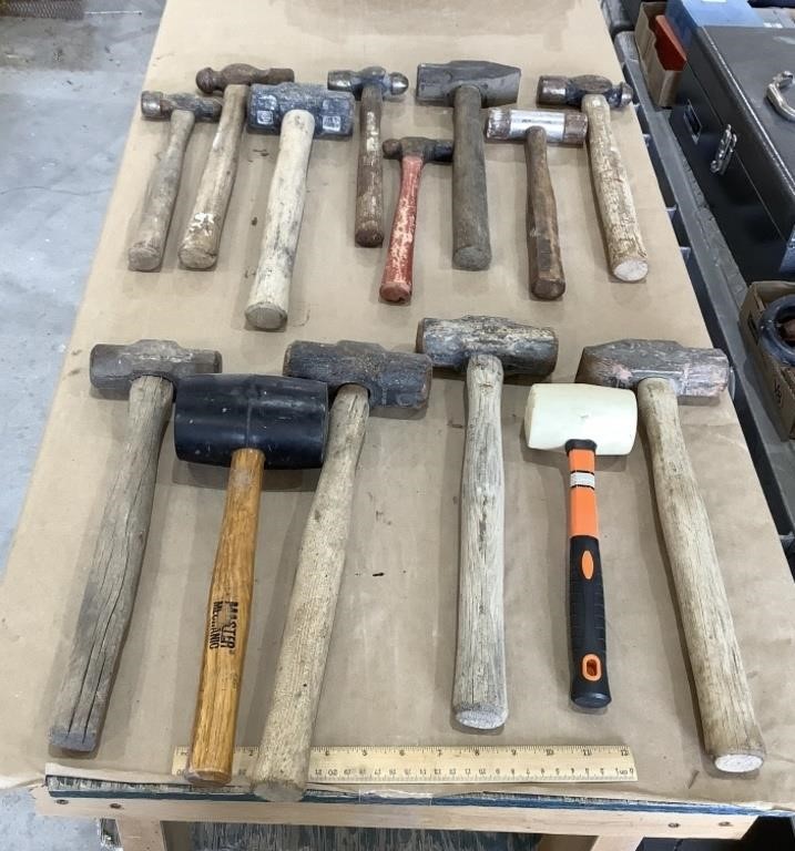 Large assortment of hammers
