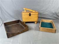 Wooden Shoe Shine Box & 2 Wooden Trays