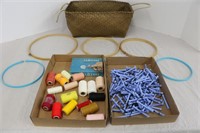 Wooden Embroidery Hoops, curlers, basket, misc