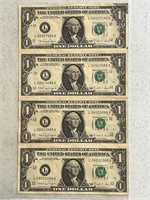 1988 USA Uncut Sheet of 4 $1 Bills