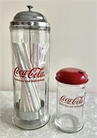 Glass Coca-Cola straw dispenser &  sugar shaker