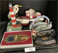 Handpainted Sad Iron, Lighthouse & Bird Doorstop.