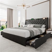 King Bed with Storage  Wingback Head  Grey