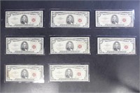 US Paper Money 8 X 1963 $5 Red Seal Notes, circula